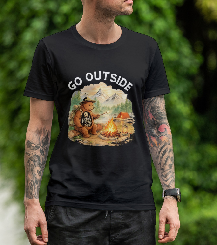 Hiking Bear Campfire Skeleton Inside Bear's Stomach Go Outside T-Shirt
