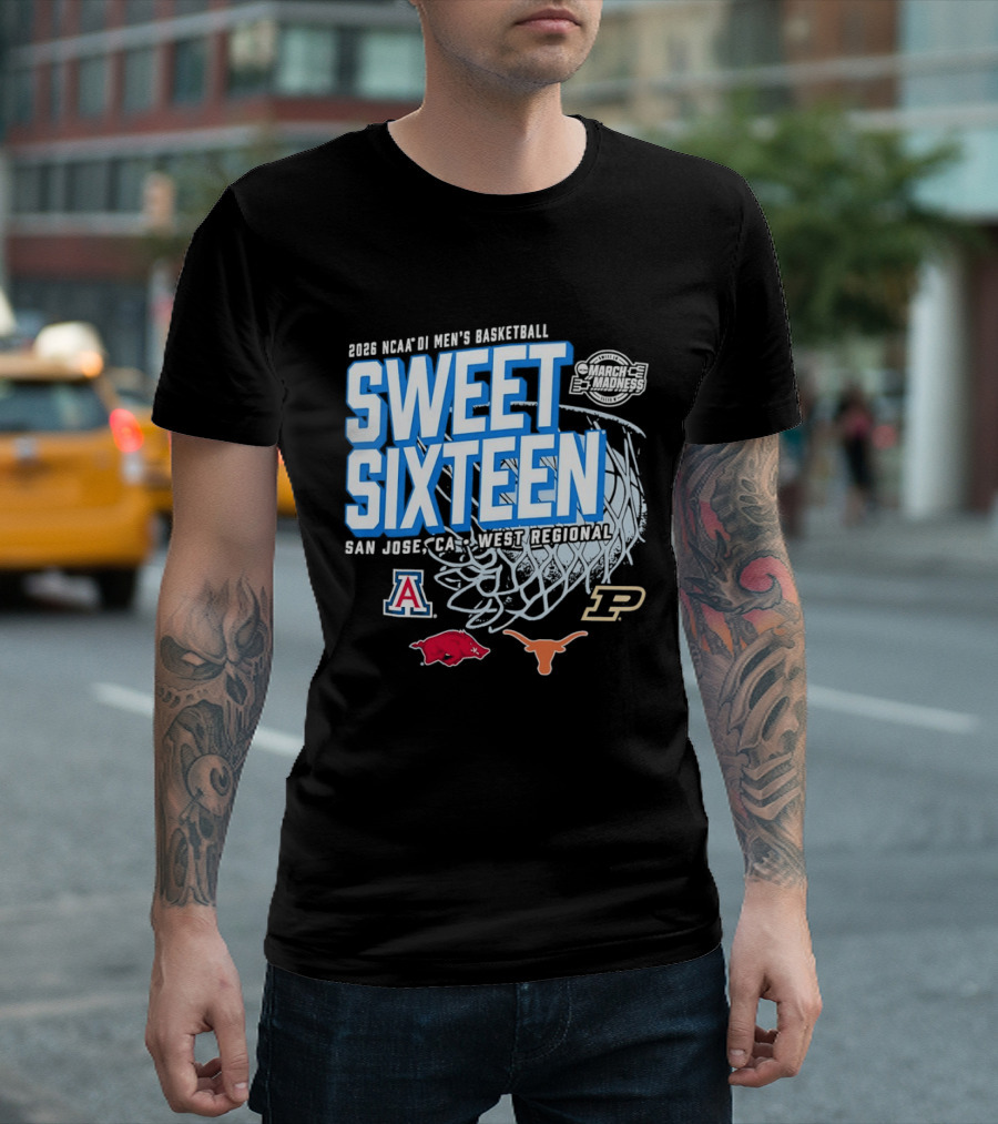 2026 NCAA DI Men's Basketball Sweet Sixteen San Jose West Regional Arizona Arkansas Texas Purdue Logos T-Shirt