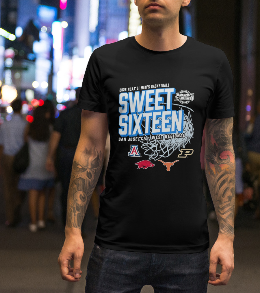 2026 NCAA DI Men's Basketball Sweet Sixteen San Jose West Regional Arizona Arkansas Texas Purdue Logos T-Shirt