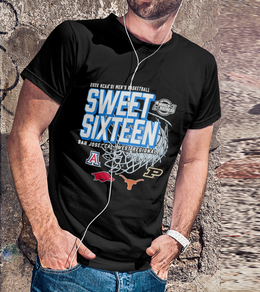 2026 NCAA DI Men's Basketball Sweet Sixteen San Jose West Regional Arizona Arkansas Texas Purdue Logos T-Shirt