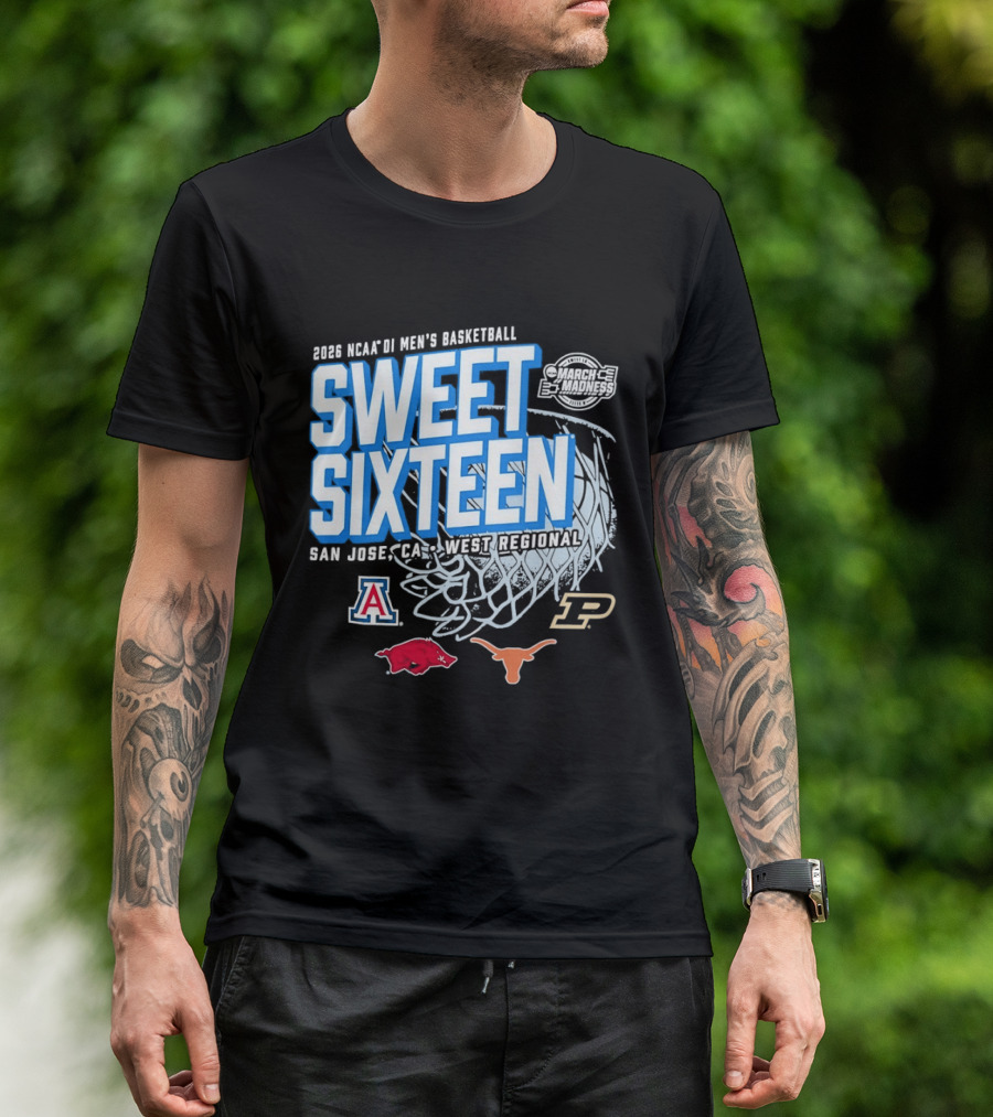 2026 NCAA DI Men's Basketball Sweet Sixteen San Jose West Regional Arizona Arkansas Texas Purdue Logos T-Shirt