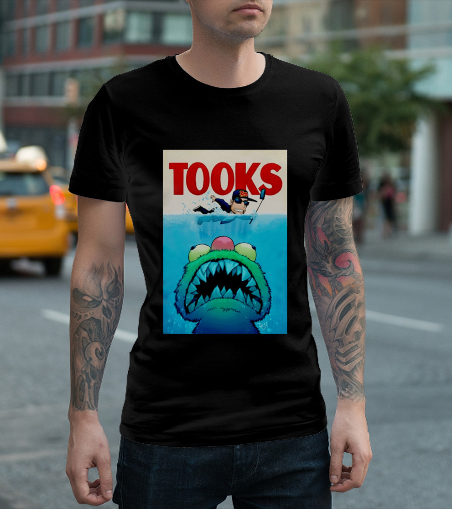 TOOKS Cartoon Giant Monster Inspired By Jaws With Diver And Cap T-Shirt