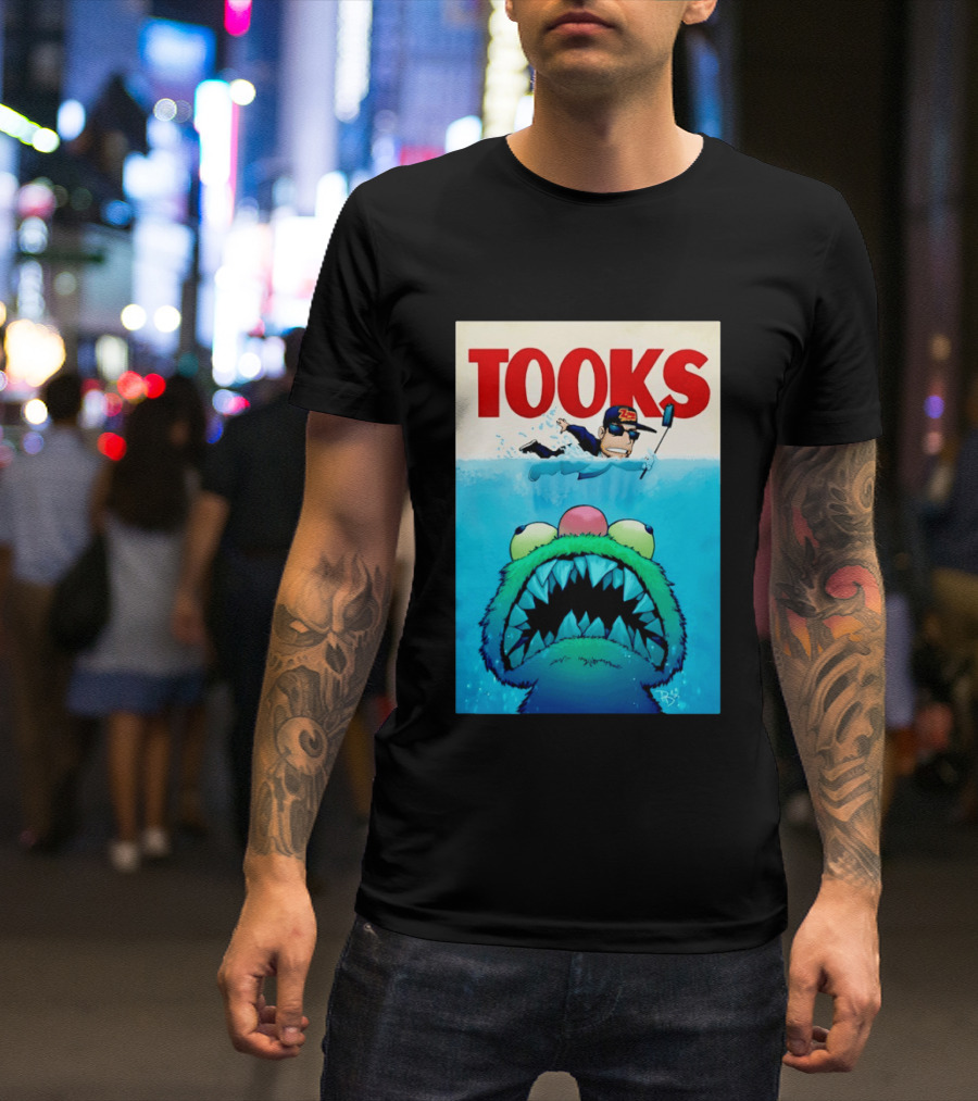 TOOKS Cartoon Giant Monster Inspired By Jaws With Diver And Cap T-Shirt