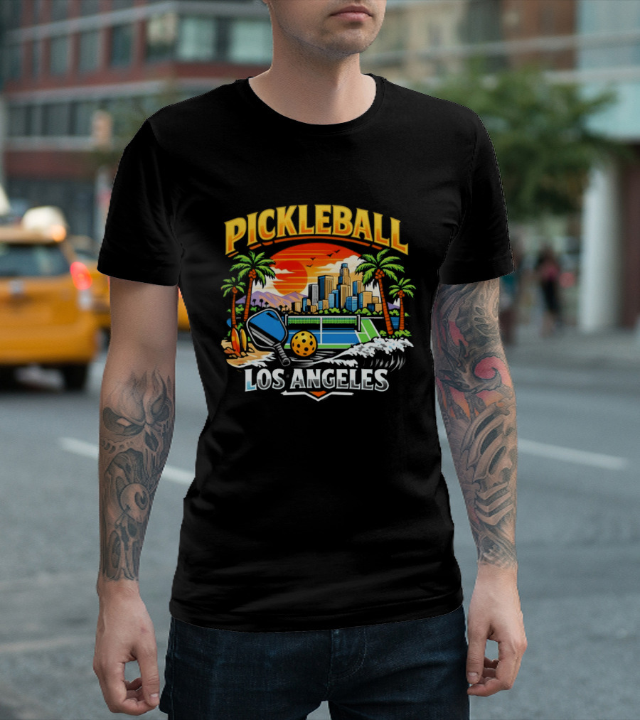 Los Angeles Pickleball City Skyline Sunset Palm Trees T-Shirt