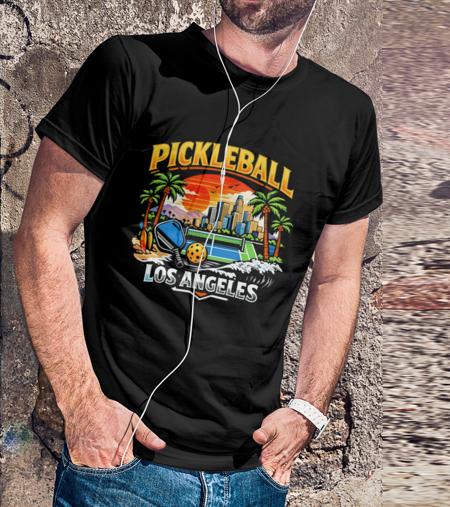 Los Angeles Pickleball City Skyline Sunset Palm Trees T-Shirt