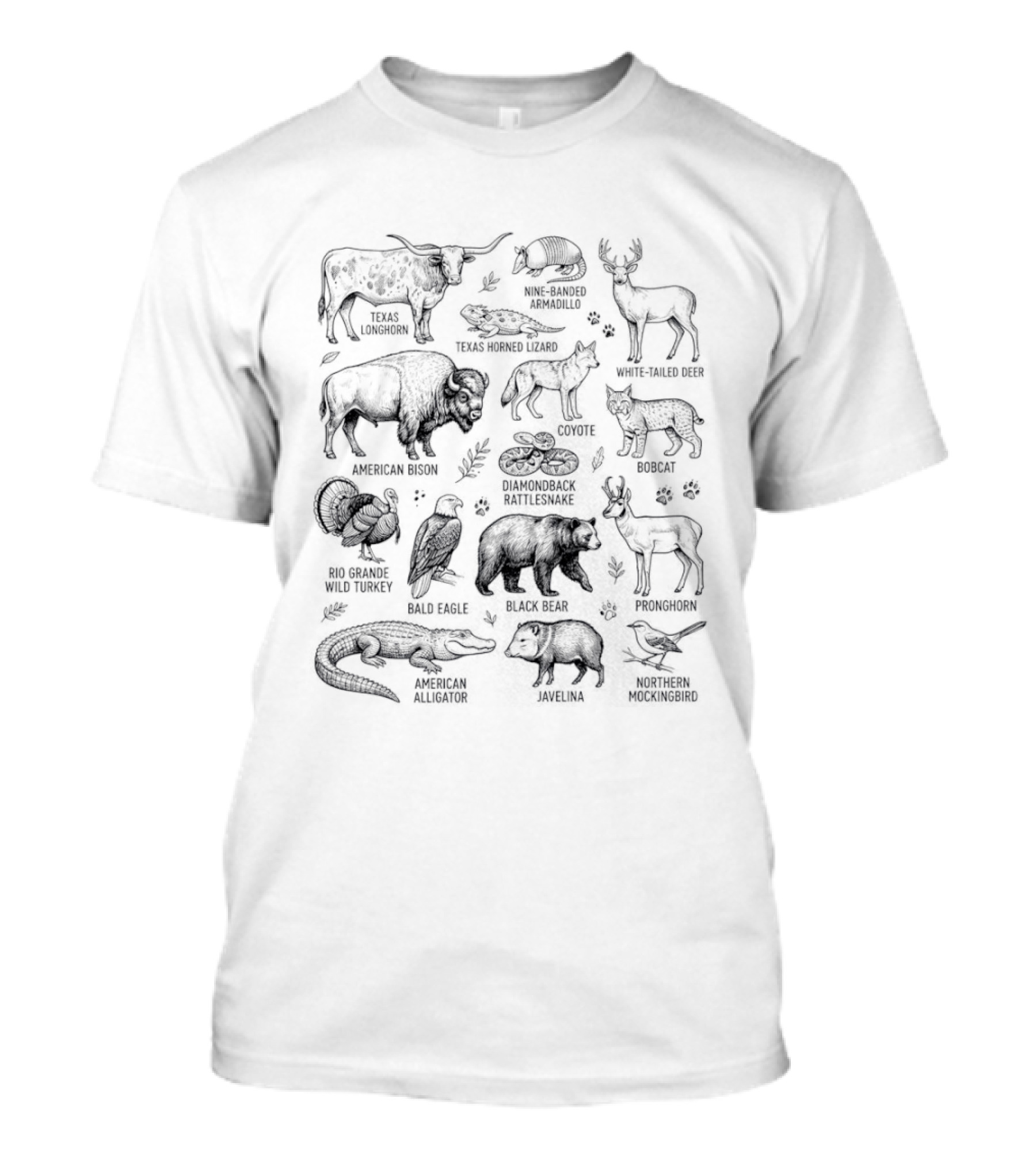 Texas Wildlife Guide Longhorn Armadillo Bison Deer Bobcat Turkey Vulture Rattlesnake Alligator T-Shirt