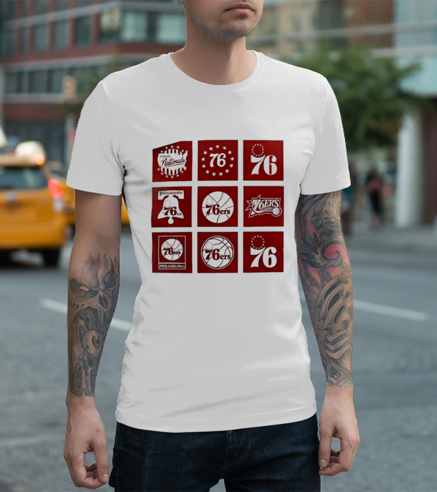 Philadelphia 76ers NBA Team Retro Icons And Number 76 Basketball Squares T-Shirt