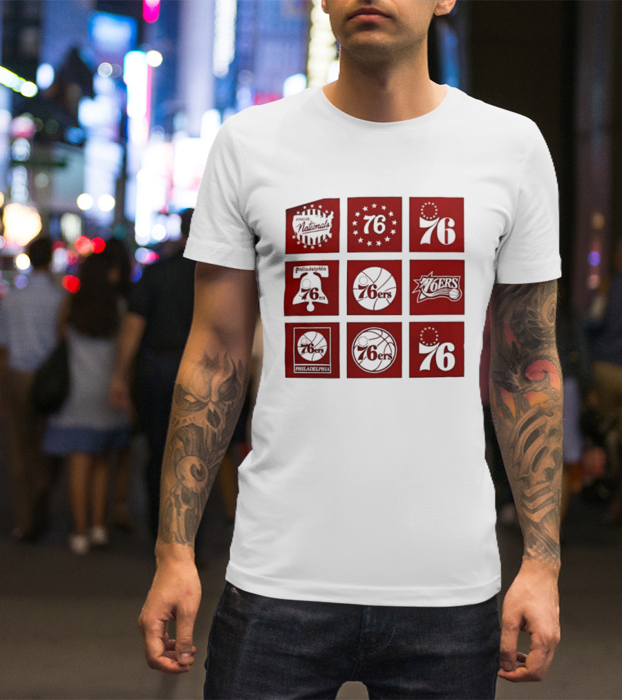 Philadelphia 76ers NBA Team Retro Icons And Number 76 Basketball Squares T-Shirt