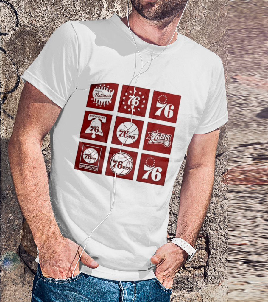 Philadelphia 76ers NBA Team Retro Icons And Number 76 Basketball Squares T-Shirt