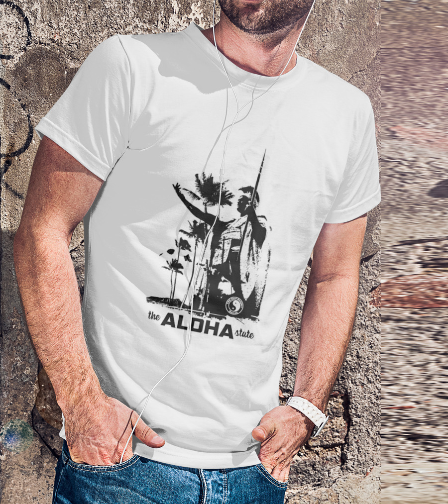The Aloha State Ka Black White Hawaiian King Statue Palms T-Shirt