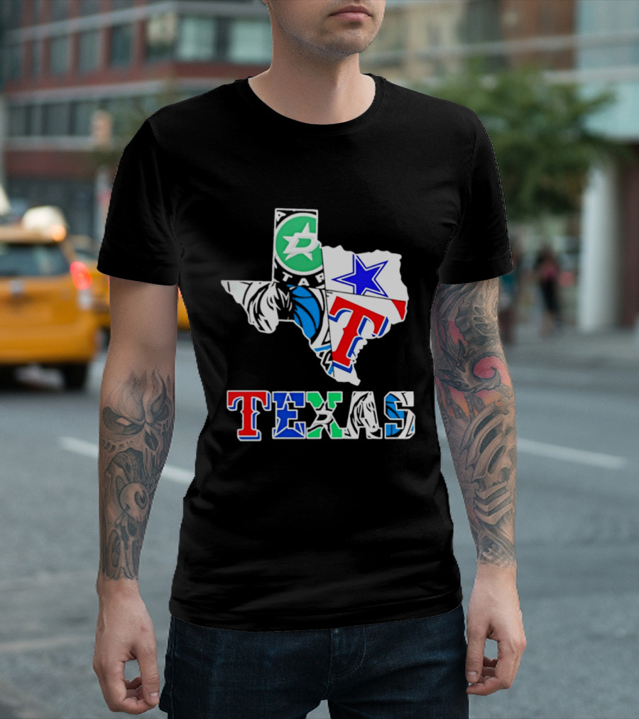 Texas Dallas Stars Mavericks Cowboys Rangers Sports Map T-Shirt