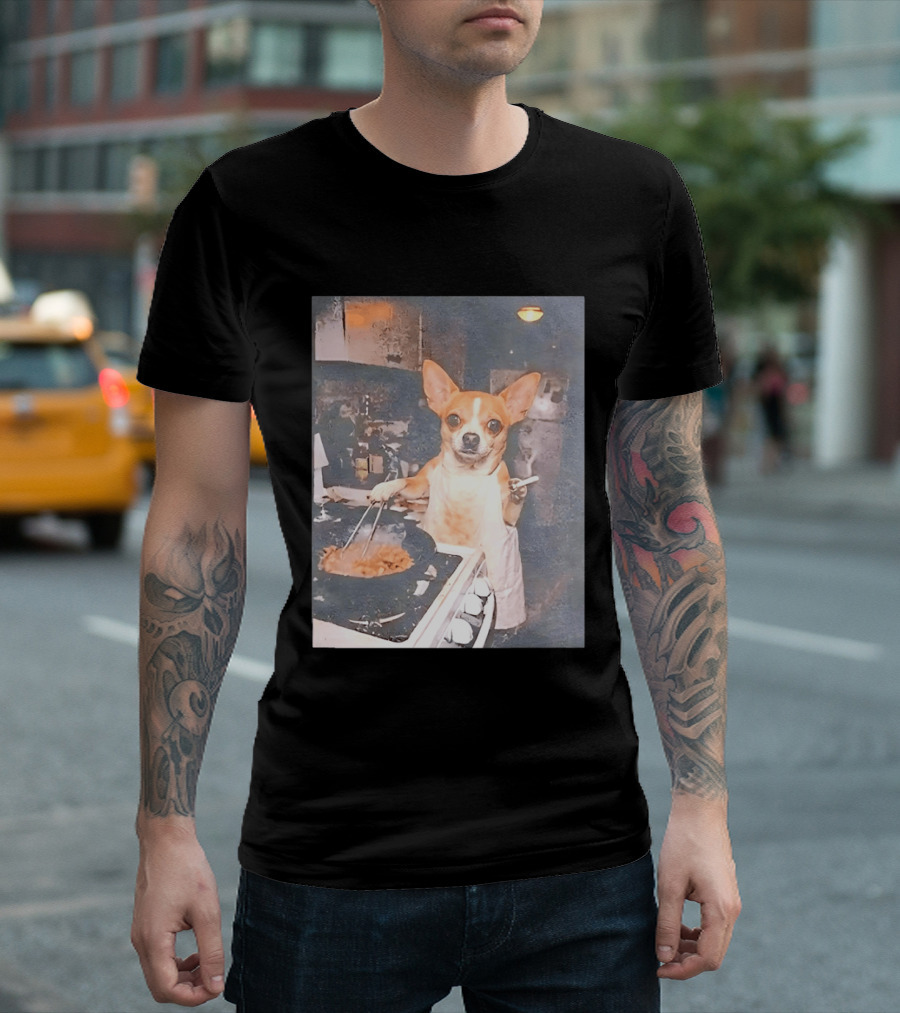 Chihuahua In Apron Cooking While Smoking In Vintage Kitchen Scene T-Shirt
