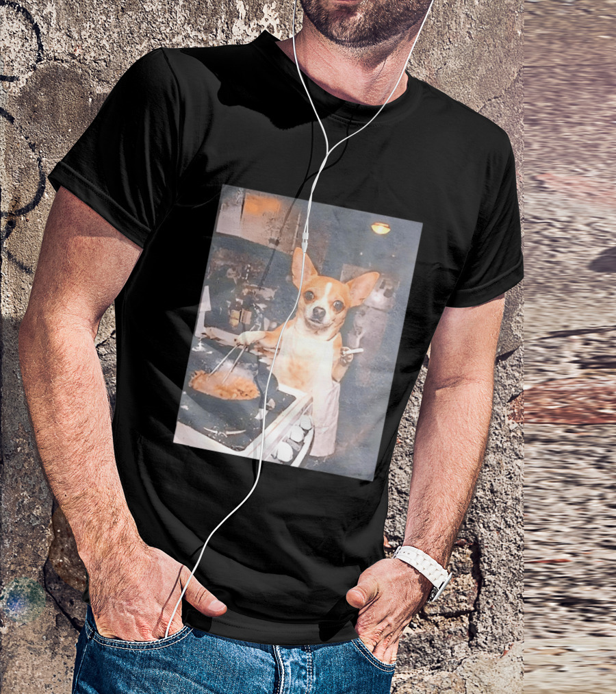 Chihuahua In Apron Cooking While Smoking In Vintage Kitchen Scene T-Shirt