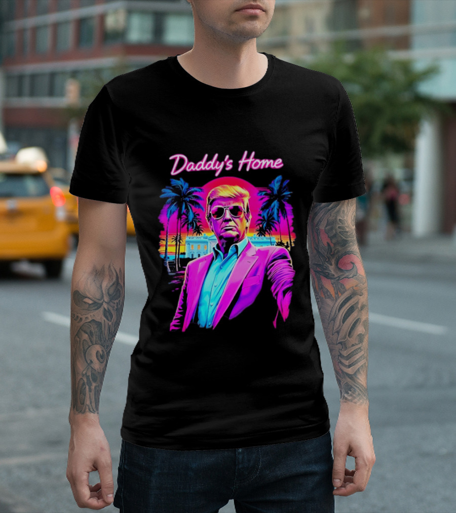 Daddy's Home Donald Trump Synthwave Sunset Beach Scene T-Shirt