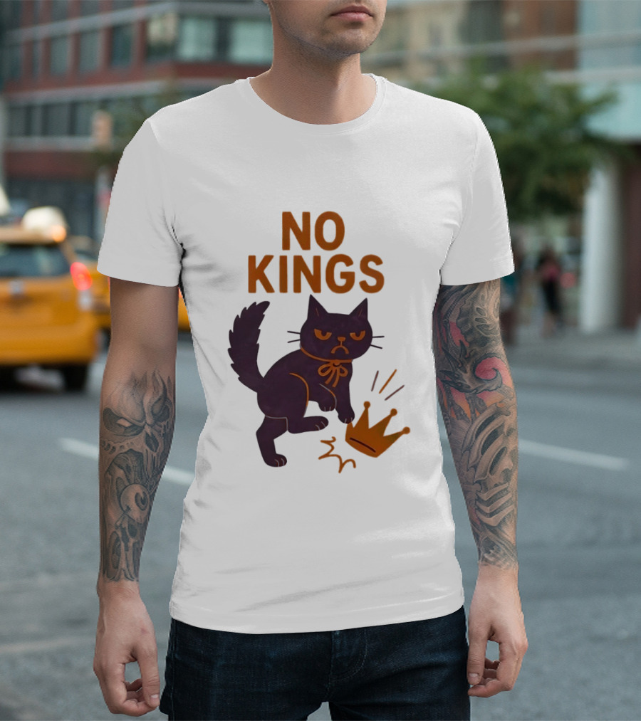 No Kings Black Cat Kicking Crown T-Shirt