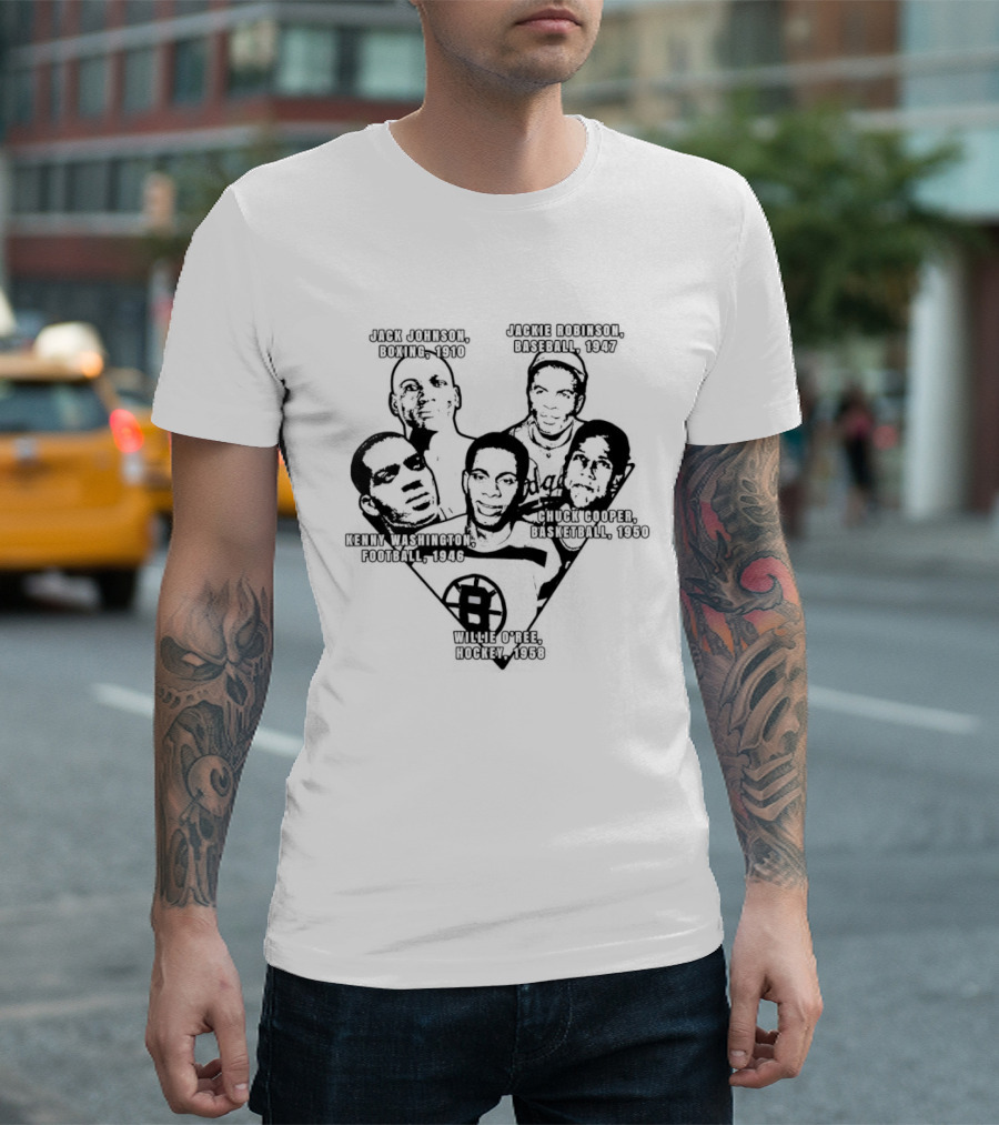 Jack Johnson Boxing 1910 Jackie Robinson Baseball 1947 Kenny Washington Football 1946 Chuck Cooper Basketball 1950 Willie O'ree Hockey 1958 T-Shirt