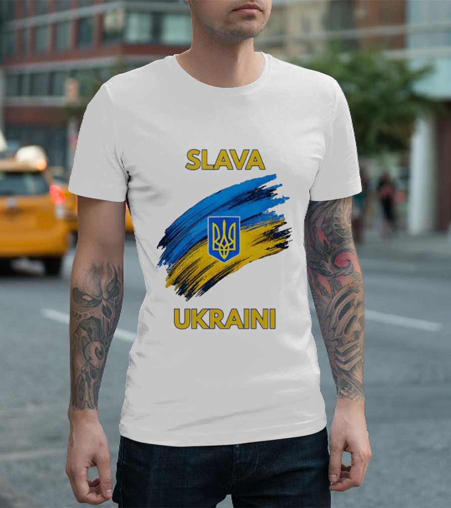 Slava Ukraini Emblem With Blue And Yellow Brush Strokes T-Shirt