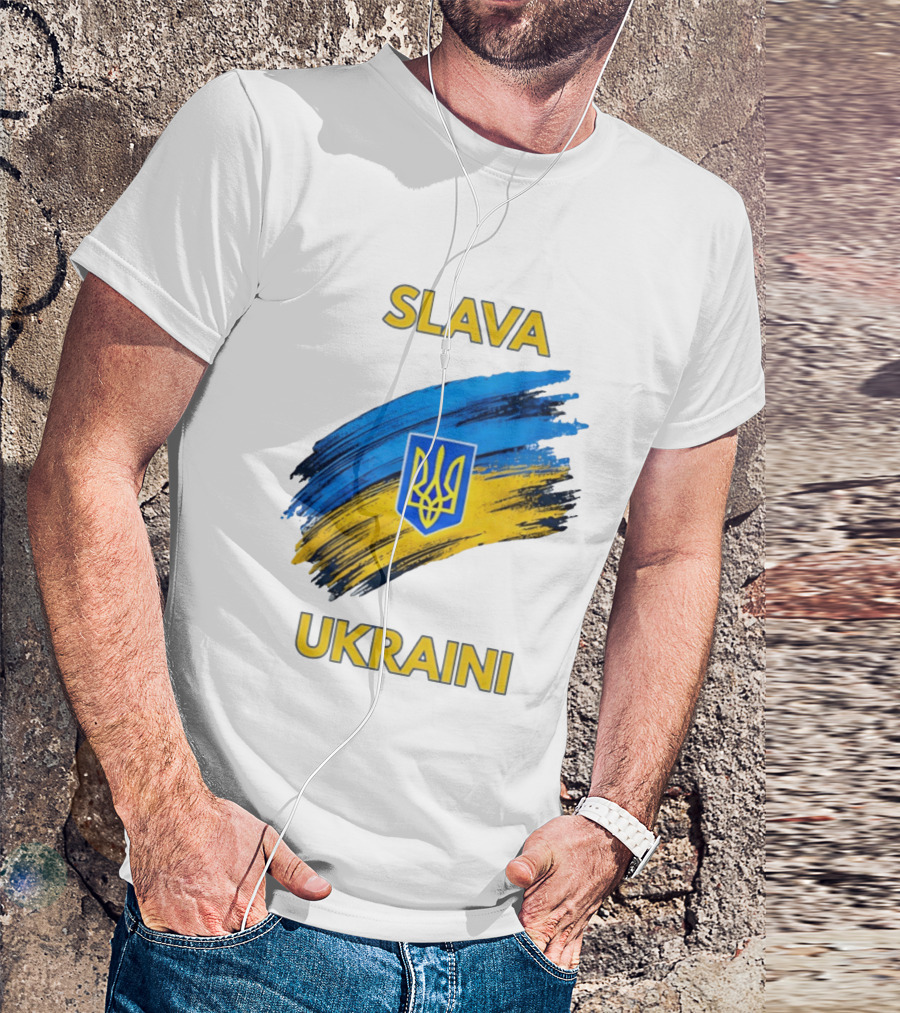 Slava Ukraini Emblem With Blue And Yellow Brush Strokes T-Shirt