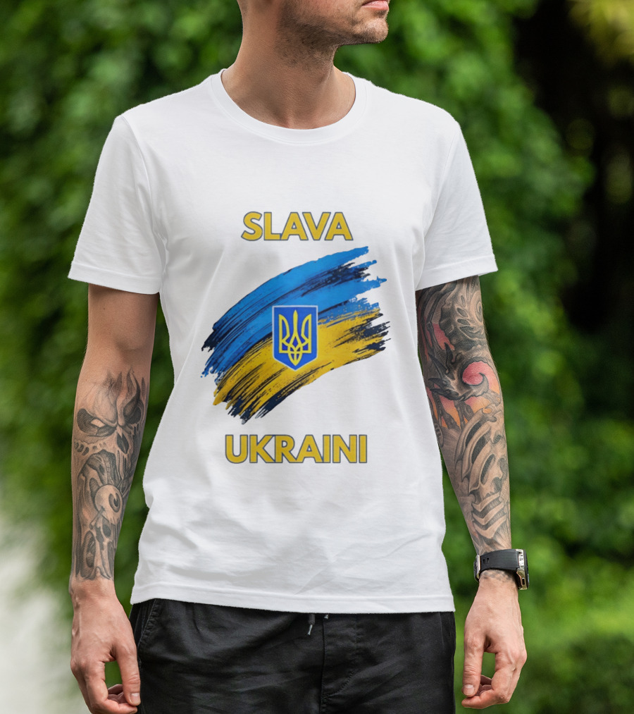 Slava Ukraini Emblem With Blue And Yellow Brush Strokes T-Shirt