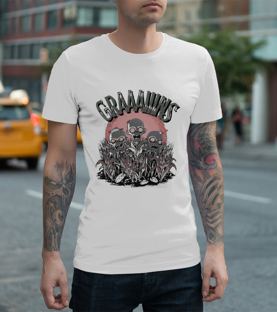 Zombie Graaains Creepy Undead Rising In Cornfield Night Scene T-Shirt