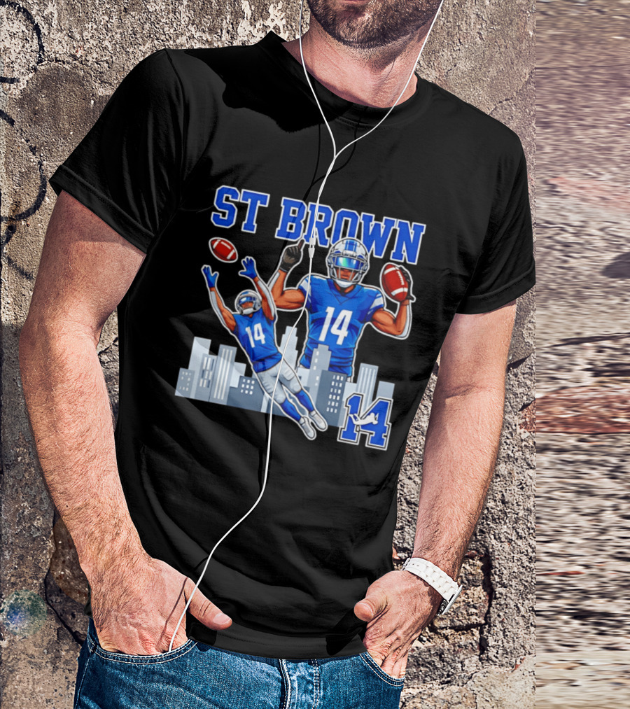 ST Brown 14 Detroit Lions Football City Skyline T-Shirt