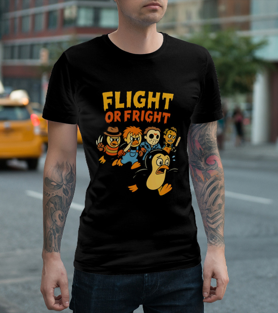 Flight Or Fright Penguin Horror Characters Comedy Mashup T-Shirt