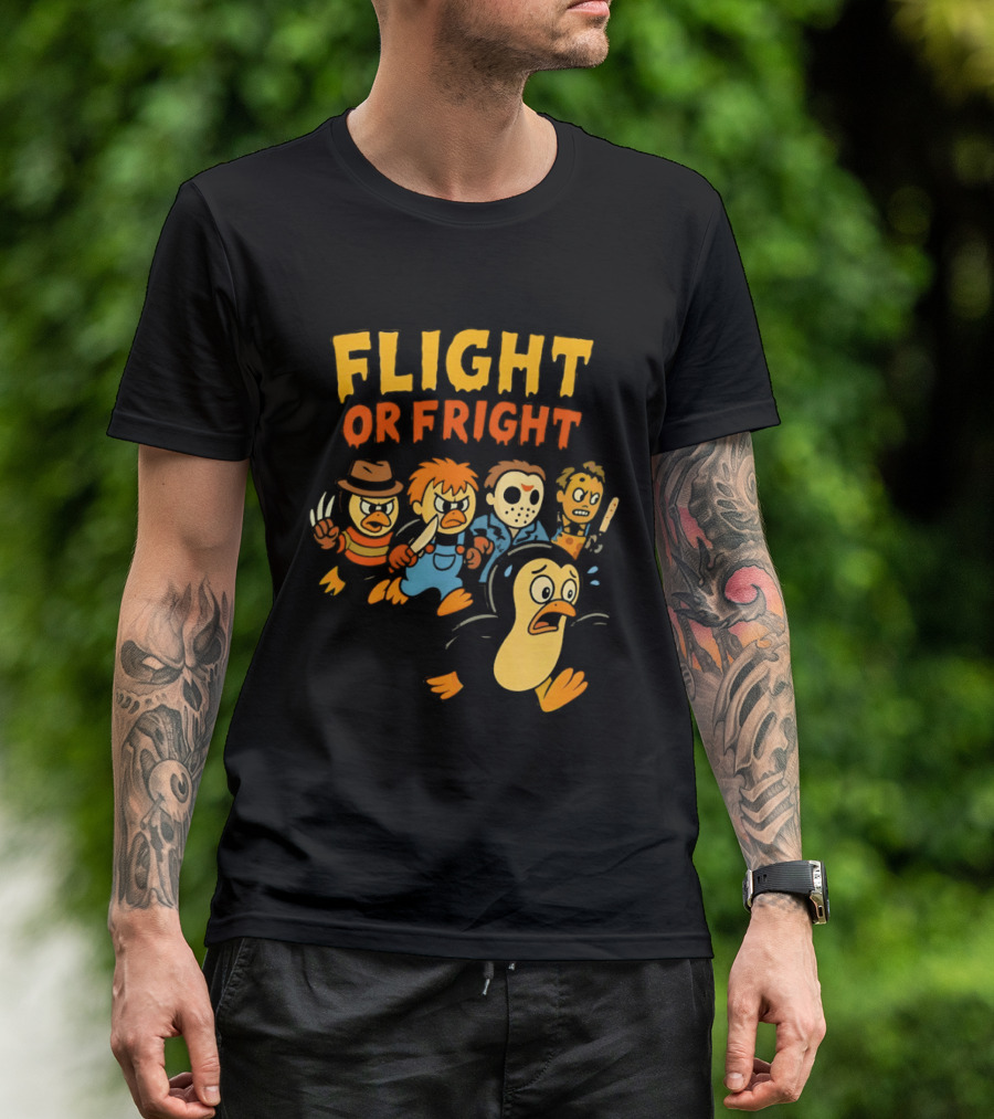 Flight Or Fright Penguin Horror Characters Comedy Mashup T-Shirt