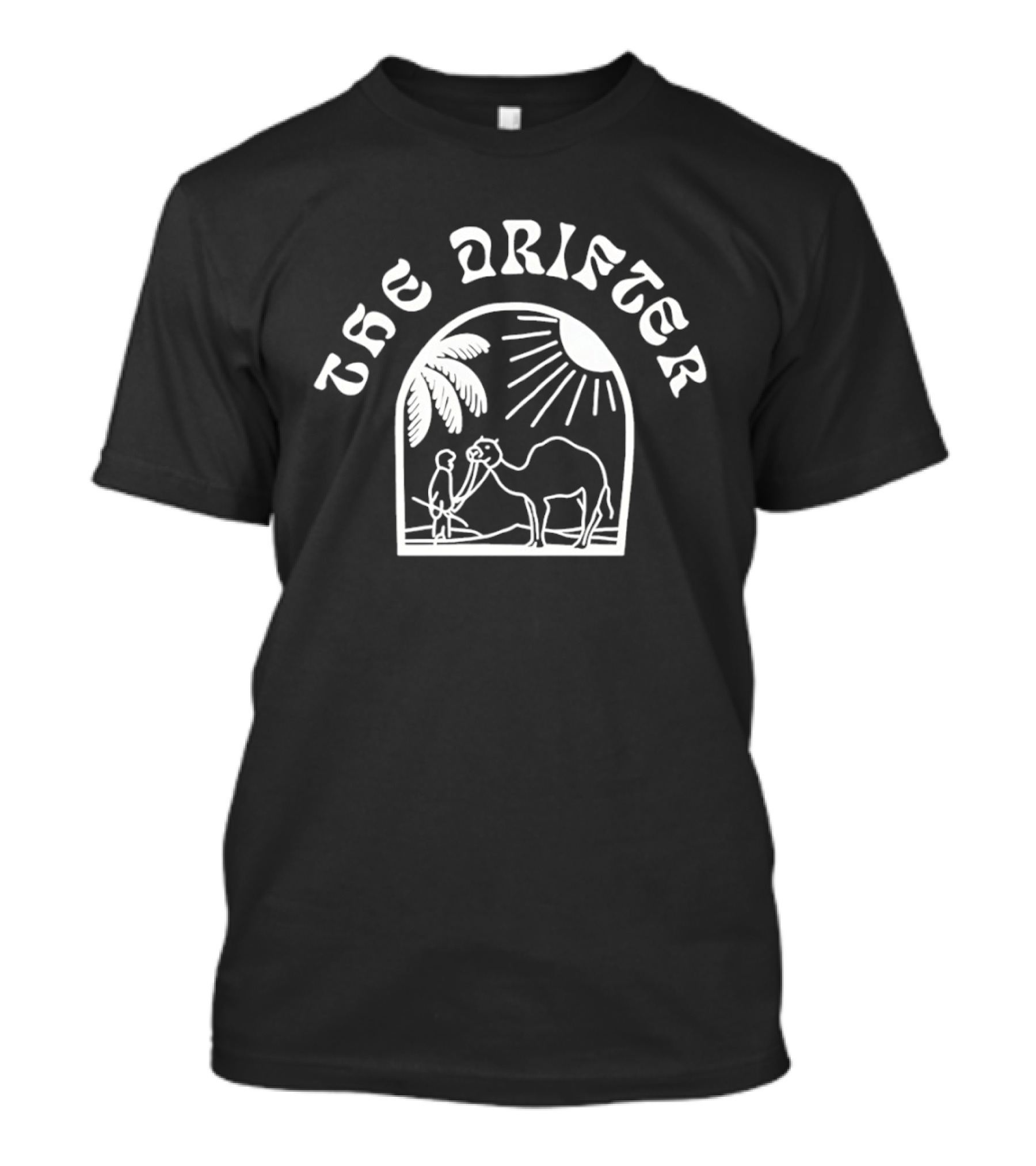 Jackie Quinones The Drifter Man Holding Camel Under Sun And Palm Trees T-Shirt