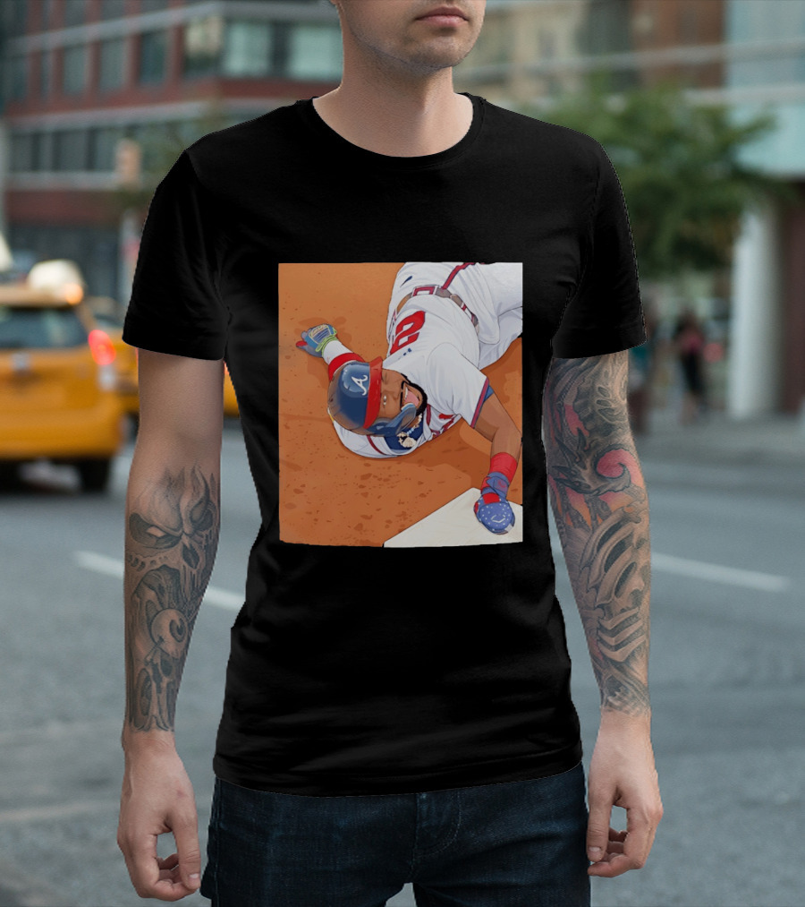 Ronald Acuna Jr Atlanta Braves Outfielder Sliding Baseball Action T-Shirt