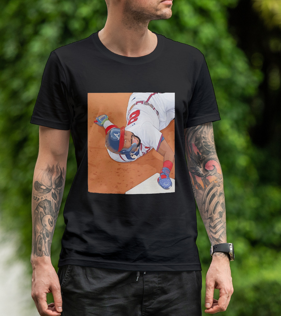 Ronald Acuna Jr Atlanta Braves Outfielder Sliding Baseball Action T-Shirt