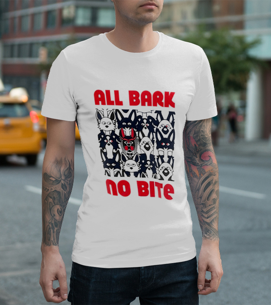 All Bark No Bite Bold Red Text Dark Canine Faces T-Shirt
