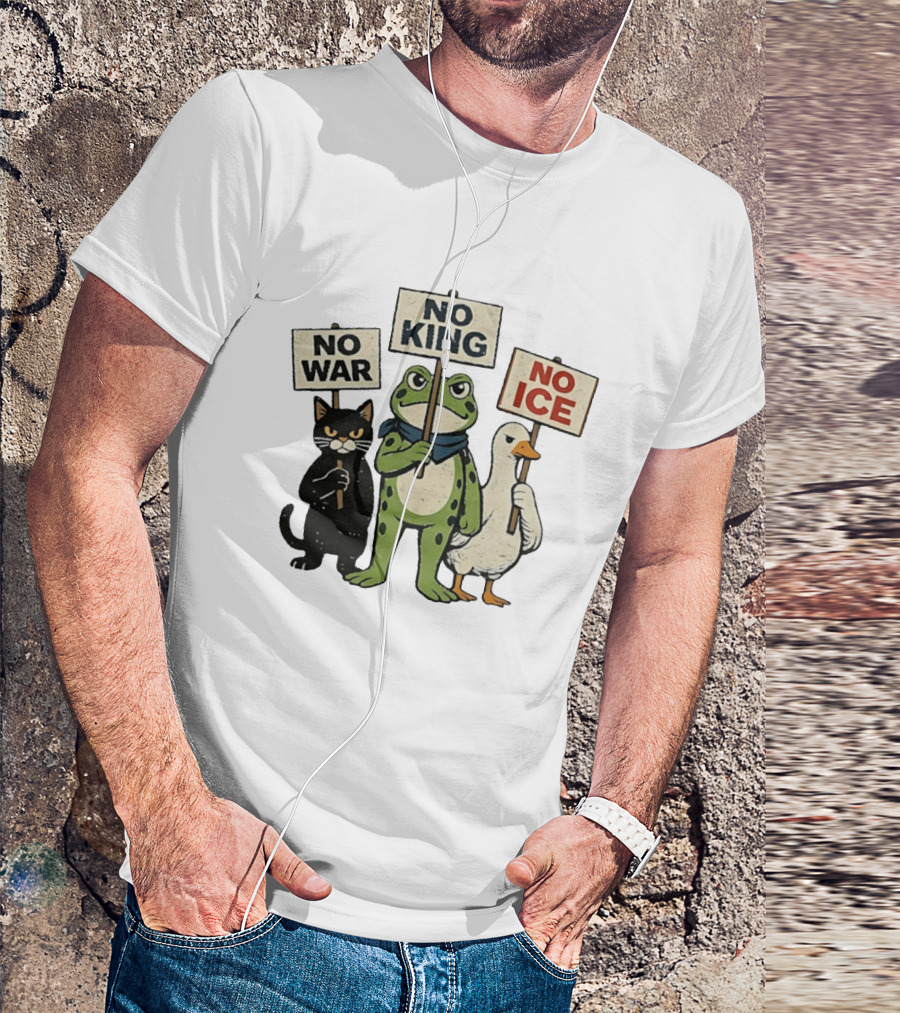 Black Cat Holing No War Frog Holding No King And Goose Holding No ICE Sign T-Shirt