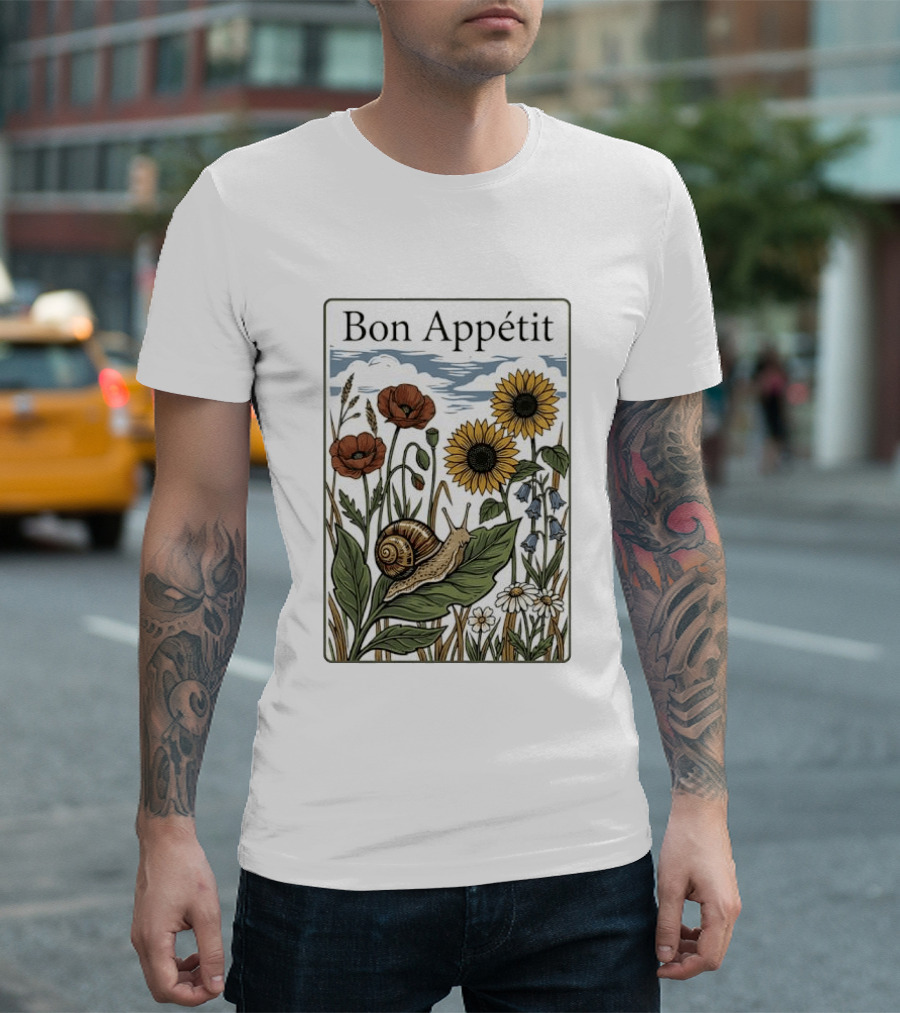 Bon Appétit Floral Snail Sunflowers And Poppies T-Shirt