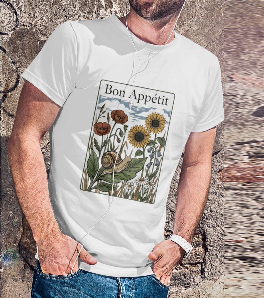 Bon Appétit Floral Snail Sunflowers And Poppies T-Shirt