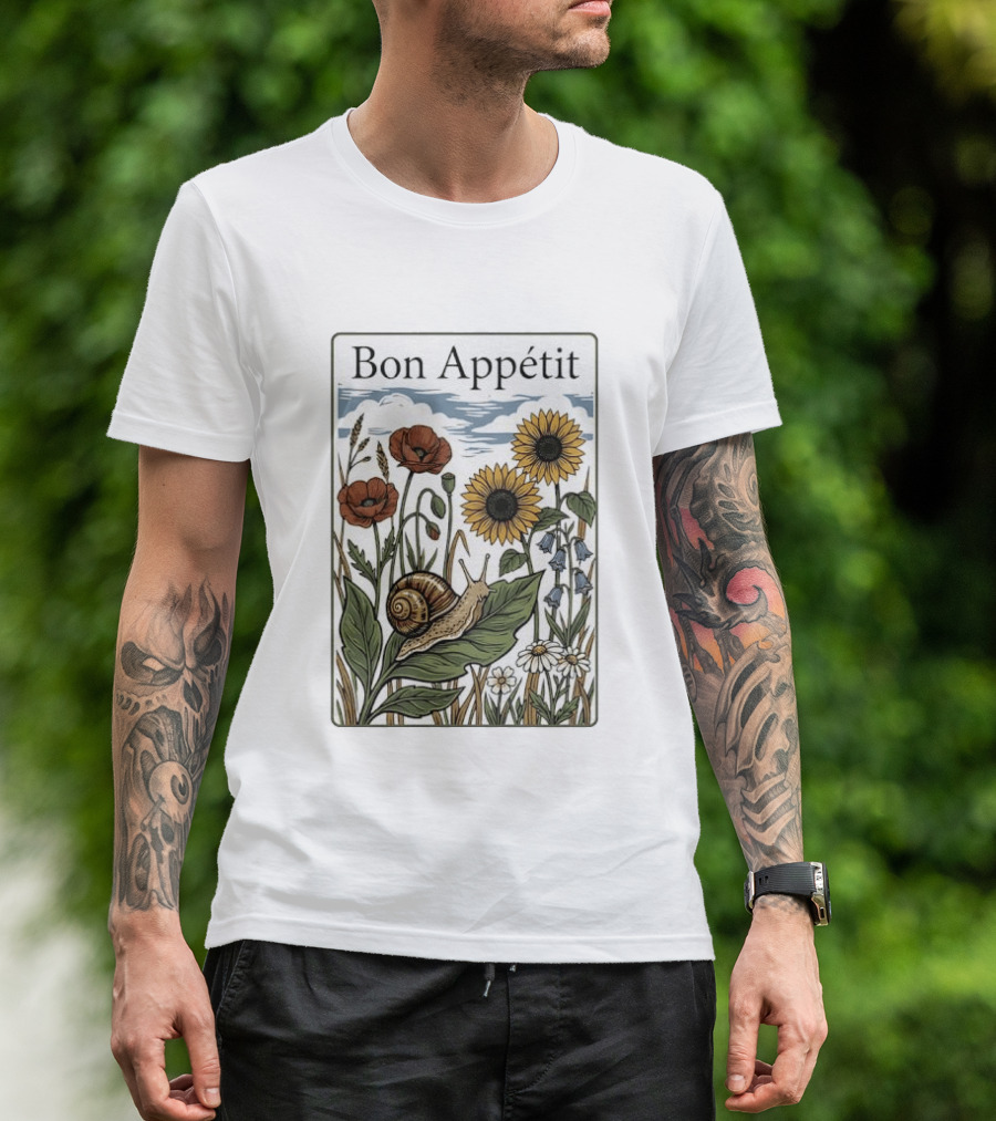 Bon Appétit Floral Snail Sunflowers And Poppies T-Shirt