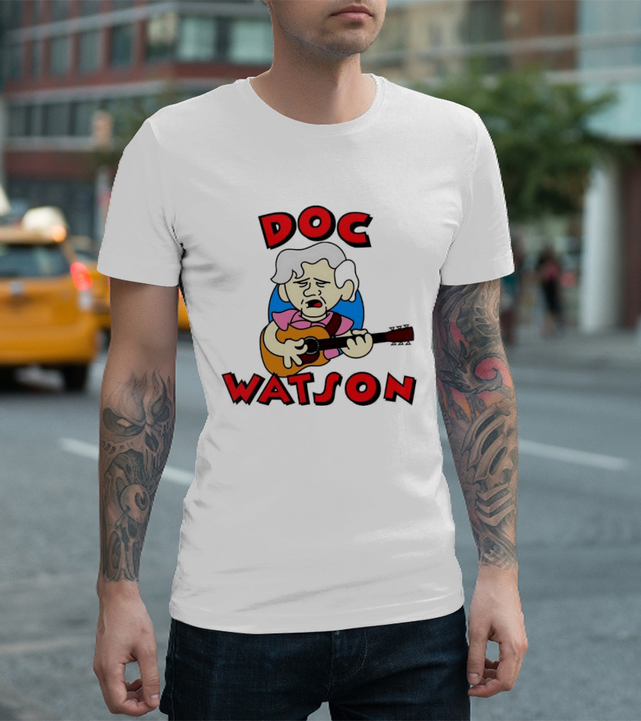 Doc Watson Cartoon Guitar Player Iconic Folk Music Legend T-Shirt