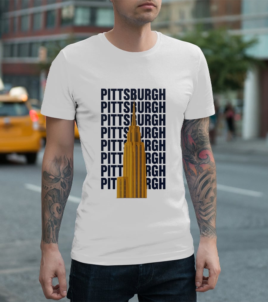 Pittsburgh Golden Tower Repeated Text Cityscape T-Shirt