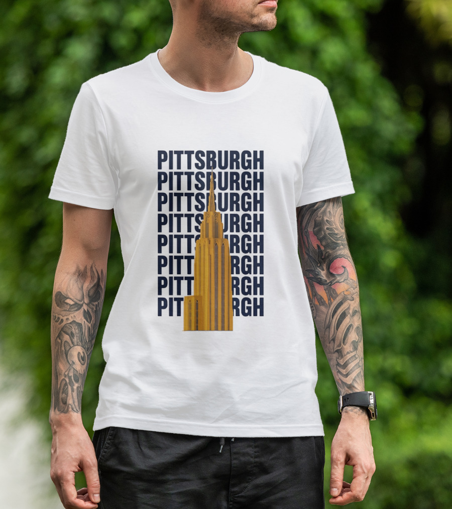 Pittsburgh Golden Tower Repeated Text Cityscape T-Shirt