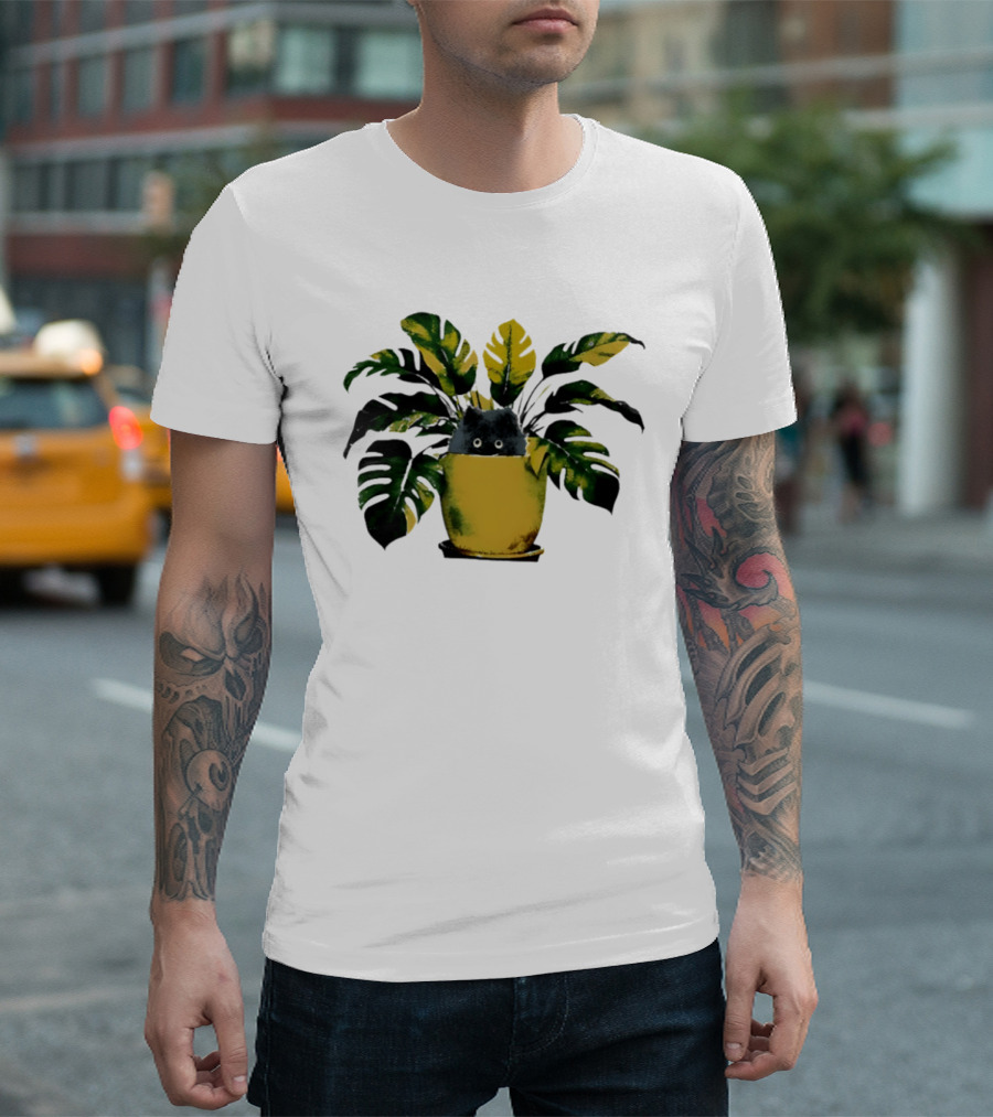 Cat In Monstera Potted Plant T-Shirt