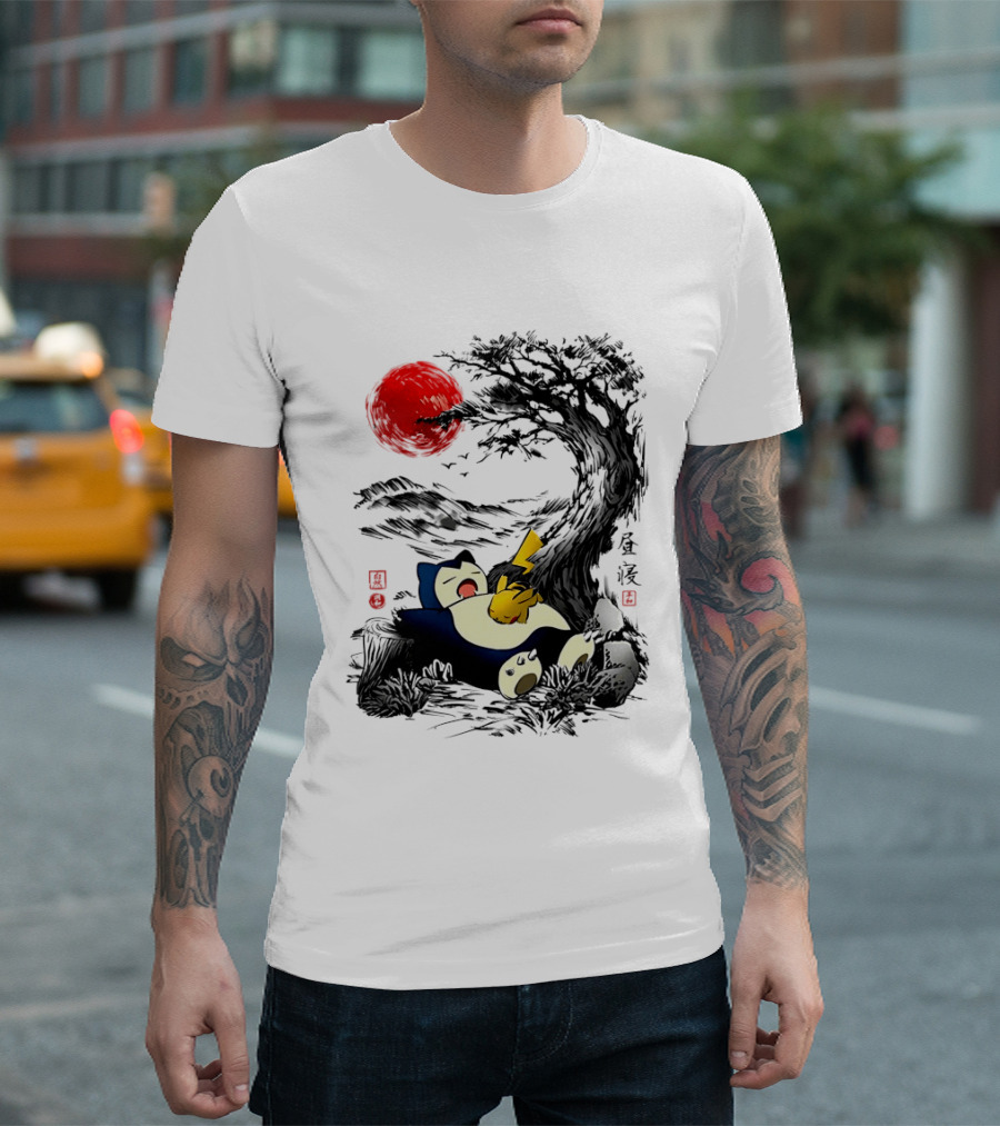 Snorlax Pikachu Napping Under Red Sun Tree T-Shirt