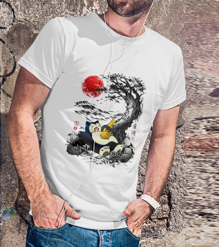 Snorlax Pikachu Napping Under Red Sun Tree T-Shirt
