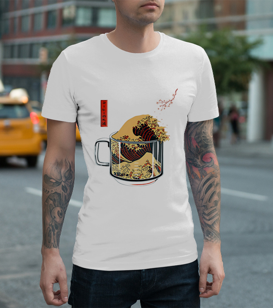The Great Wave Of Coffee In A Cup With Japanese T-Shirt