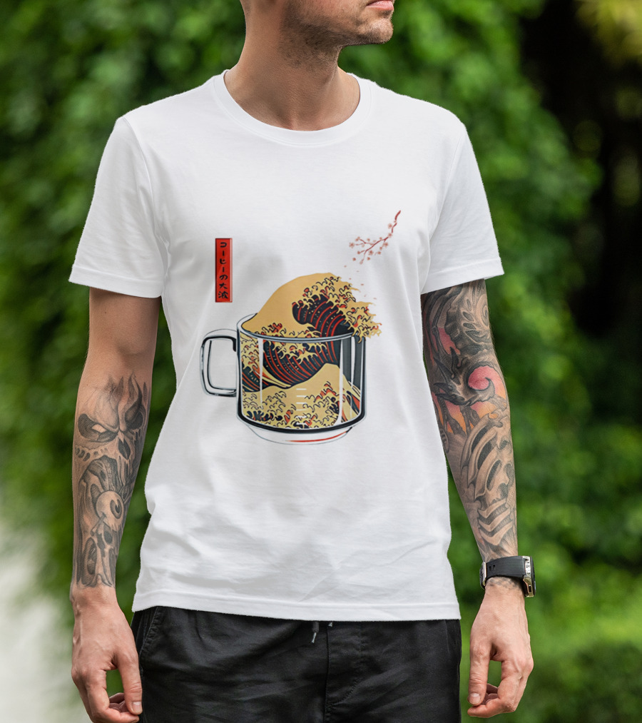 The Great Wave Of Coffee In A Cup With Japanese T-Shirt