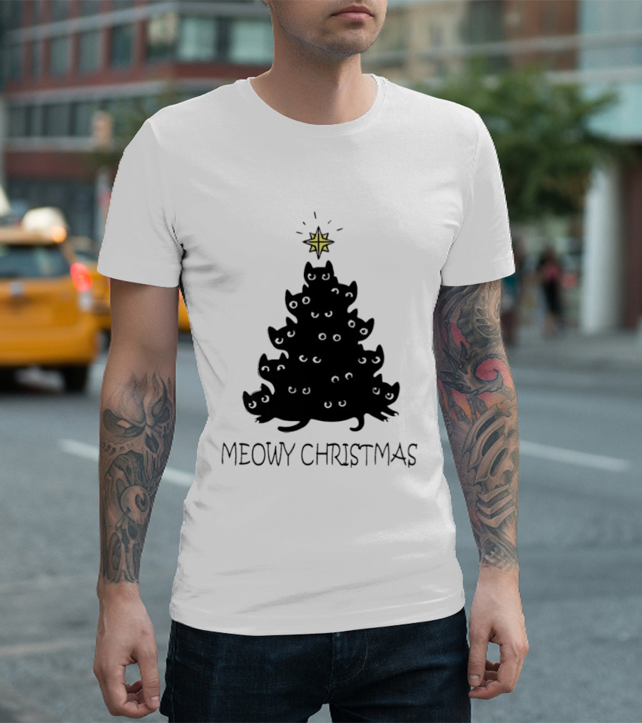 Black Cat Pine Tree Shape Meowy Christmas Star T-Shirt