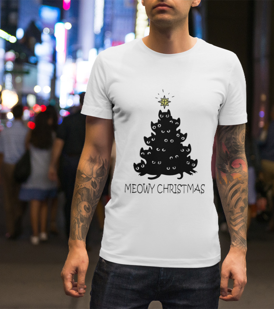 Black Cat Pine Tree Shape Meowy Christmas Star T-Shirt