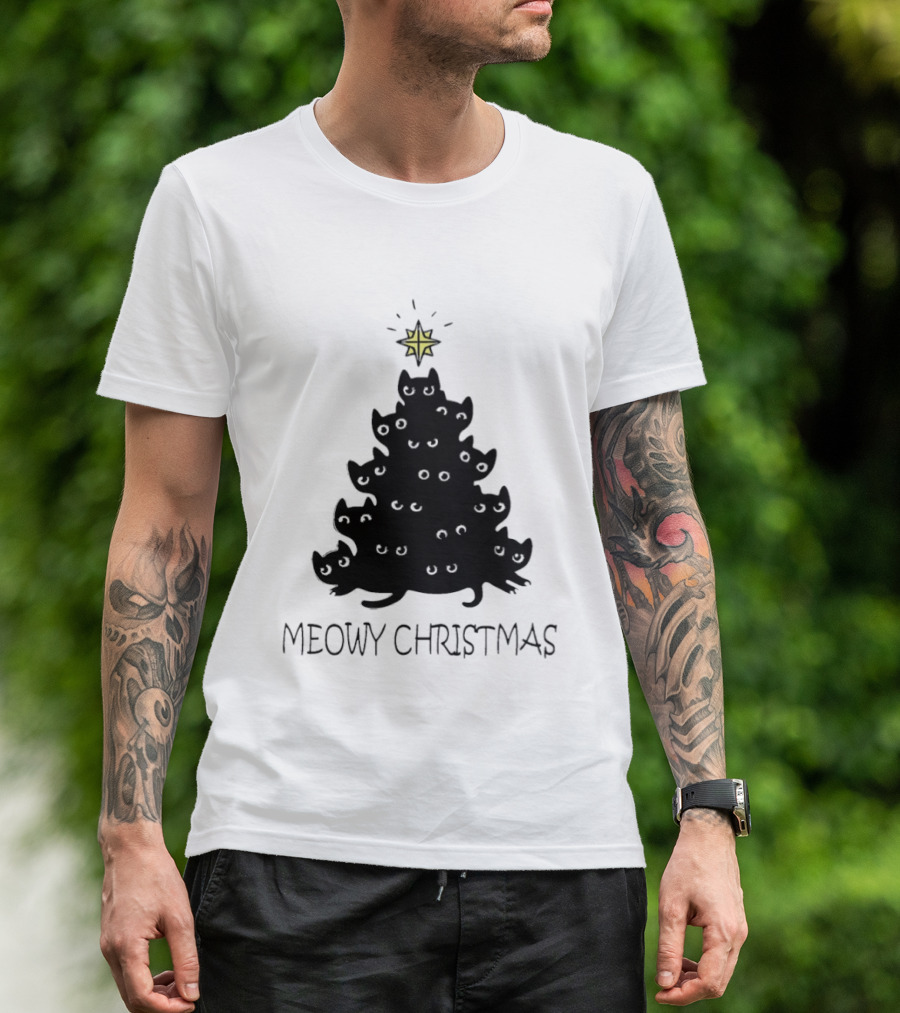 Black Cat Pine Tree Shape Meowy Christmas Star T-Shirt