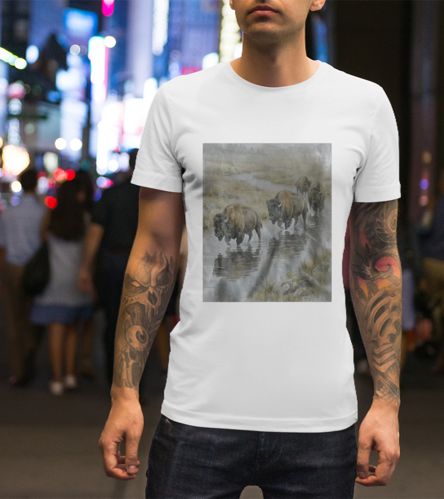 Bison Herd Crossing River On Prairie Landscape Scene T-Shirt