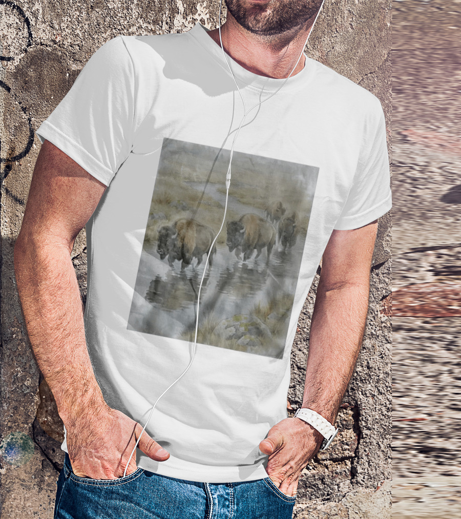 Bison Herd Crossing River On Prairie Landscape Scene T-Shirt