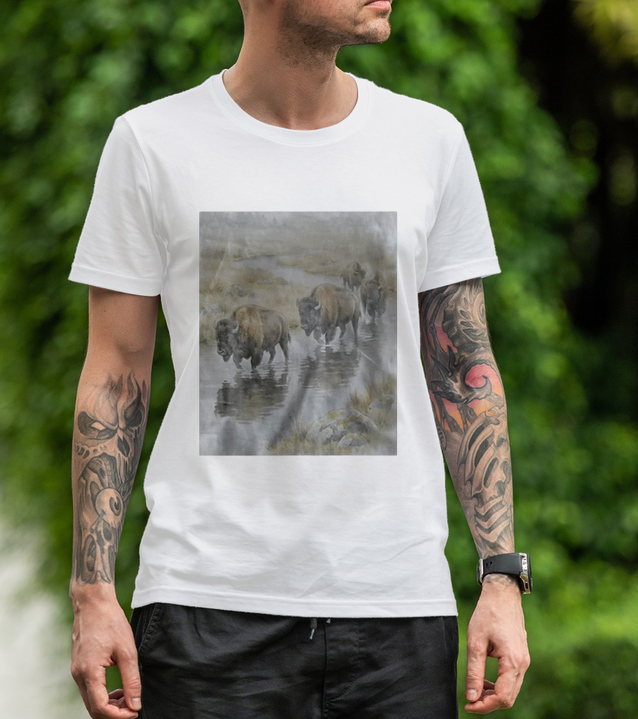 Bison Herd Crossing River On Prairie Landscape Scene T-Shirt