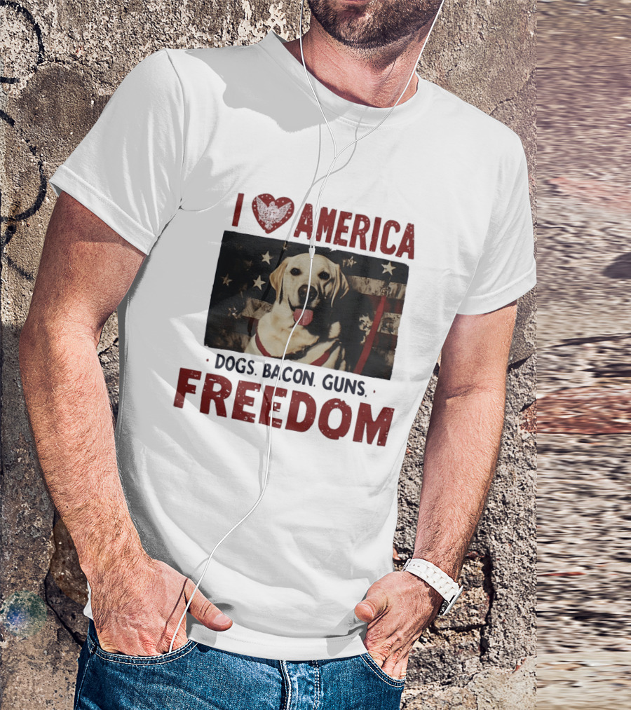 I Love America Dogs Bacon Guns Freedom Labrador Stars And Stripes T-Shirt